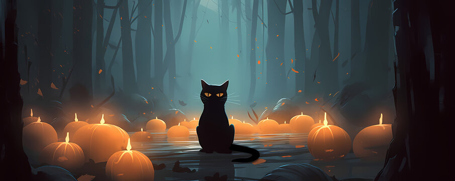 Halloween cat with pumpkin lights in a forest