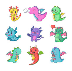 Happy funny dragon. Cute character. Fairytale monsters. Hand drawn style. Vector drawing. Collection of design elements.