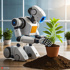 illustration of a robot planting plants