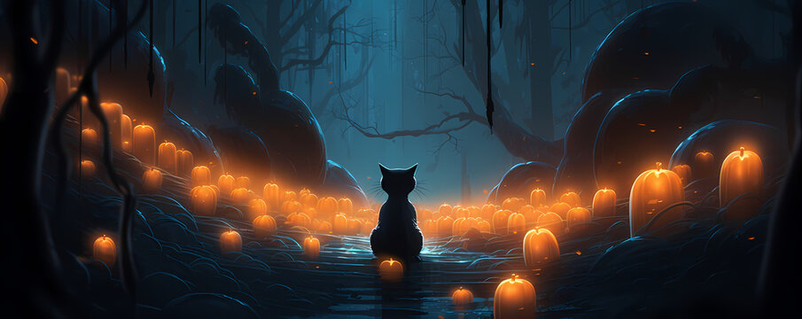 Halloween cat with pumpkin lights in a forest