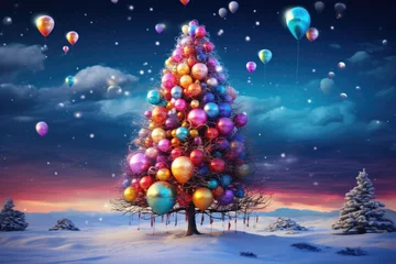 Fotobehang A merry New Year tree, its branches adorned in vibrant colors, standing gracefully on a snowy plain, radiating happiness © Konstiantyn Zapylaie