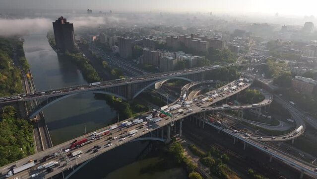 Aerial view of rush hour traffic passing through The Bronx