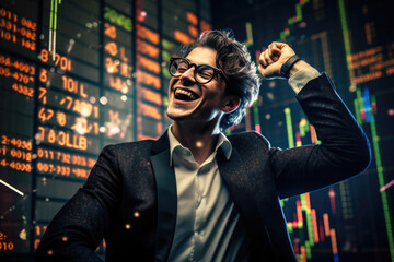 A triumphant businessman and cryptocurrency trader exults while analyzing stock market charts, embodying triumph and financial growth