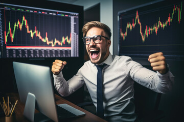 A satisfied crypto trader and investment strategist celebrates successful market analysis, underscoring astuteness and profitability in trading activities