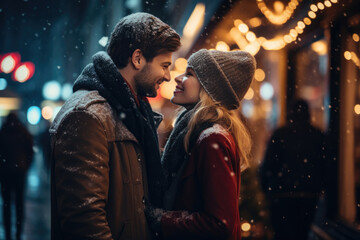 On a winter evening, a couple shares an intimate hug amidst the city's evening ambiance, their love evident in the gentle glow of city lights surrounding them