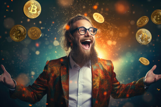 A successful entrepreneur and crypto enthusiast celebrates amidst charts displaying soaring stock market indicators, reflecting achievement and prosperity