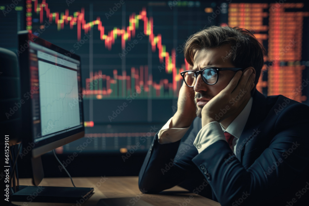 Wall mural A man sits at his desk, his head in his hands, looking at a computer screen with a falling cryptocurrency chart. He is clearly disappointed and frustrated with his losses