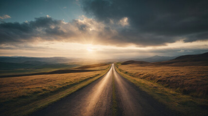 Lonely road with sky and mountains - obrazy, fototapety, plakaty