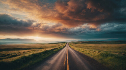 Lonely road with sky and mountains