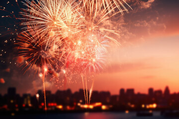 View of the night festive city against the sky with fireworks and salute