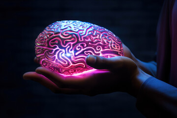 Close up of human hand holding glowing brain in dark background. 3D rendering