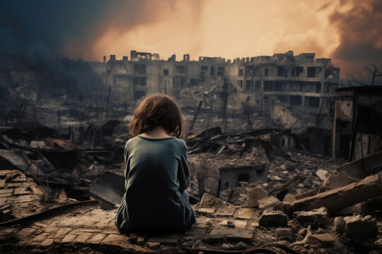 A child sits in front of a city in ruins, surrounded by the wreckage of toys. The image is a powerful reminder of the impact of war on children