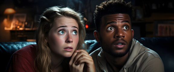 Emotion of fear. Young couple white woman and black man together watching a horror movie with Scared emotions.