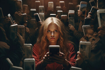 A woman is trapped in a world of her own making. She is surrounded by a field of flowers that grow out of her phone. The image is a metaphor for the way technology can isolate us from the real world - obrazy, fototapety, plakaty