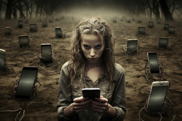 A woman's addiction to her phone has taken over her life. She is now a prisoner of her own technology. The image is a powerful commentary on the dark side of technology - obrazy, fototapety, plakaty