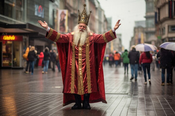 Naklejka premium Celebrating St. Nicholas Day in the Netherlands. Saint Nicholas on a city street