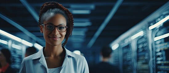 African American woman working as an IT specialist in a data center