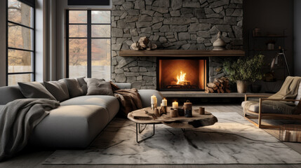 Living room with a grey sectional sofa and a contrasting patterned rug and a stone fireplace