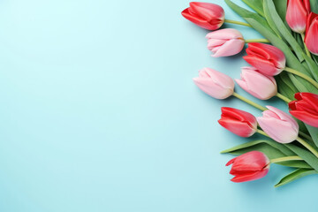 Red and pink tulips flowers on the blue background with copy space, flat lay