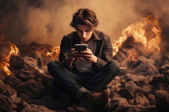Mobile phone and internet addiction concept. A young man holds a mobile phone in his hands and everything around him is on fire.