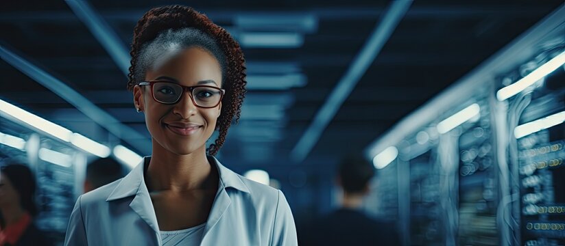 African American woman working as an IT specialist in a data center