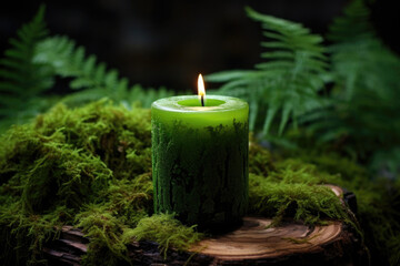 Obraz na płótnie Canvas Green candle in the forest on the wooden log and moss