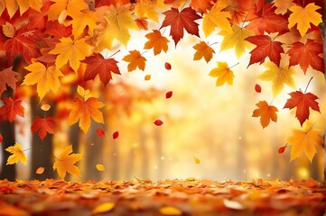 Naklejka na ściany i meble Autumn park with fallen yellow leaves on a sunny day
