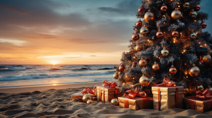 Caribbean Christmas at the beach. Sand, palm trees and colorful gift boxes. Xmas poster or card...