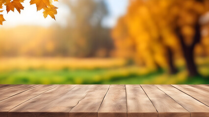 Empty wooden table over blurred bokeh nature autumn background, can be used for product display. AI generated