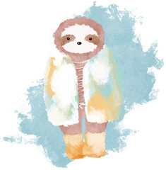 Baby sloth in winter clothes hand drawn illustration. Winter season art - 661530771