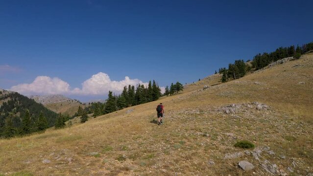 The young mountaineer set out to conquer the top of the mountain. Young man is hiking in the mountains with his backpack and batun. Male tourist walking on the mountain.