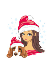 Portrait of a girl with a cocker spaniel dog in Christmas hats