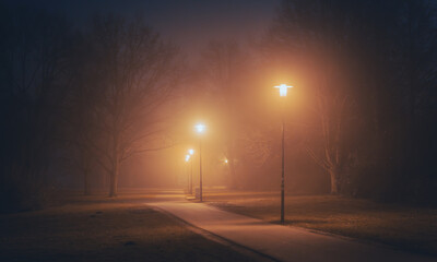 Orange streetlights in a foggy night in the park