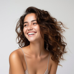 photography of a dark haired model beautiful woman with white background, lifestyle, smiling