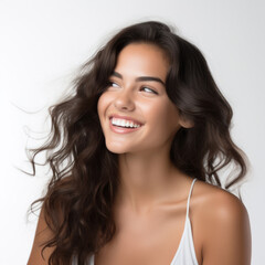 photography of a dark haired model beautiful woman with white background, lifestyle, smiling