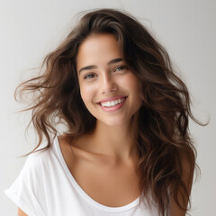 photography of a dark haired model beautiful woman with white background, lifestyle, smiling