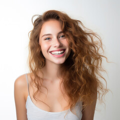 photography of a dark haired model beautiful woman with white background, lifestyle, smiling