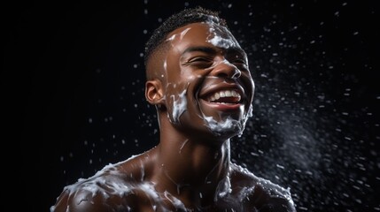 Fototapeta na wymiar Handsome young African American man taking bath with foam on black background.