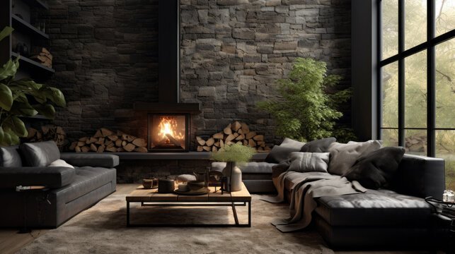 Living room with a stone fireplace and a black leather sofa and a glass coffee table