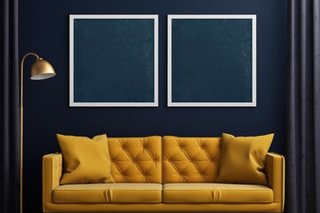 Leather couch and empty picture frames on the wall, modern design mock up