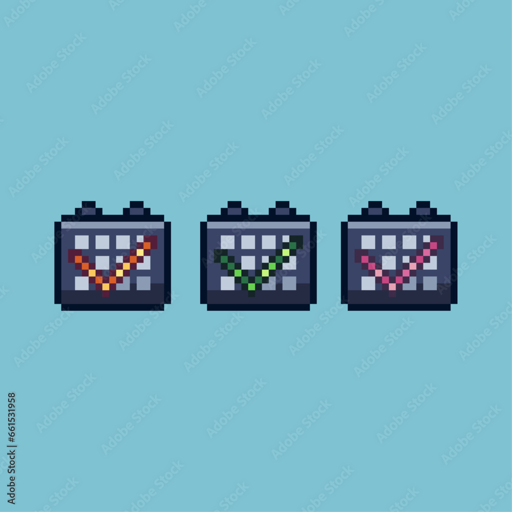 Fototapete pixel art sets of calendar approve with variation color item asset. simple bits of approve time on p