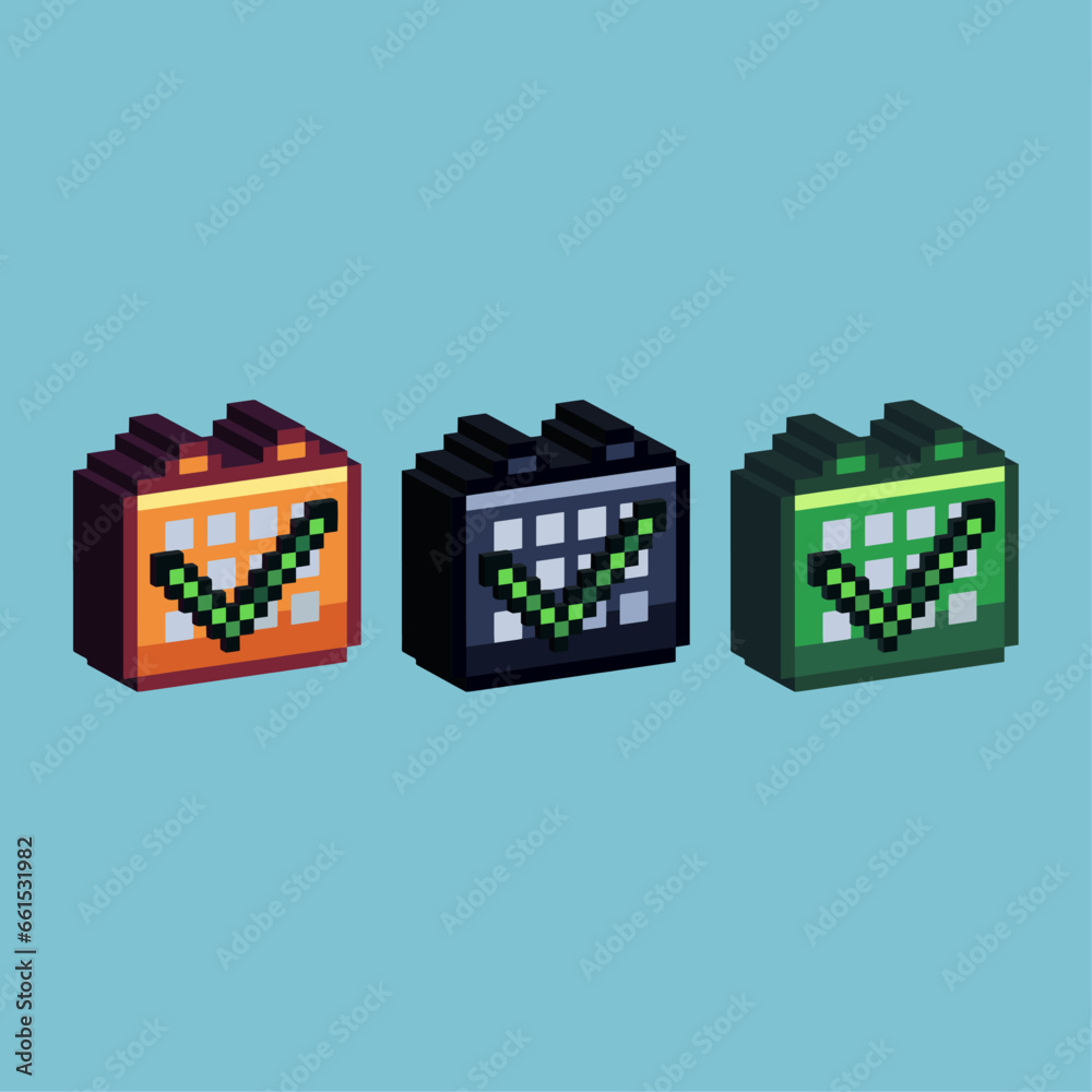 Poster isometric pixel art 3d of approve calendar for items asset. calendar approve on pixelated style.8bit