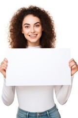 person holding blank white paper template on white background isolated