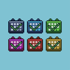 Pixel art sets of calendar approve with variation color item asset. Simple bits of approve time on pixelated style. 8bits perfect for game asset or design asset element for your game design asset.