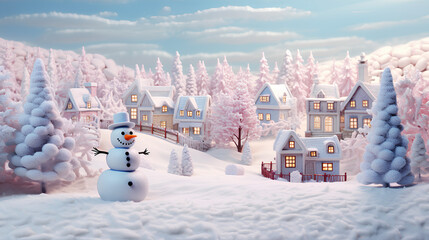 knitted style 3d illustration of a house in winter with soft pastel color 