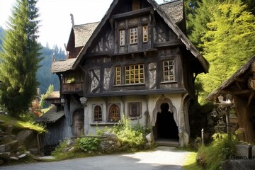 Fototapeta na wymiar Historic dwelling in Alpine village. Generative AI