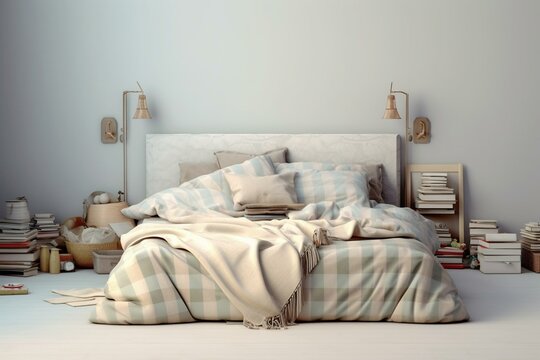 Mock-up of a cluttered white bedroom with unmade bed, plaid, cushions, and lamp. Empty space on the right. Generative AI