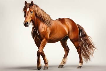 Beautiful brown stallion standing proudly in a white field, with a flowing mane and a gentle gaze