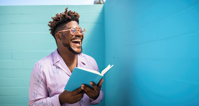Joyful Black Man Reading a Book Against Blue Backdrop: Ideal for Educational & Uplifting Literary Campaigns