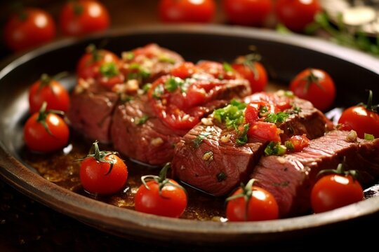 Image of cooked beef with sliced tomatoes. Generative AI
